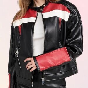 Faux Leather Racer Jacket Black and Red